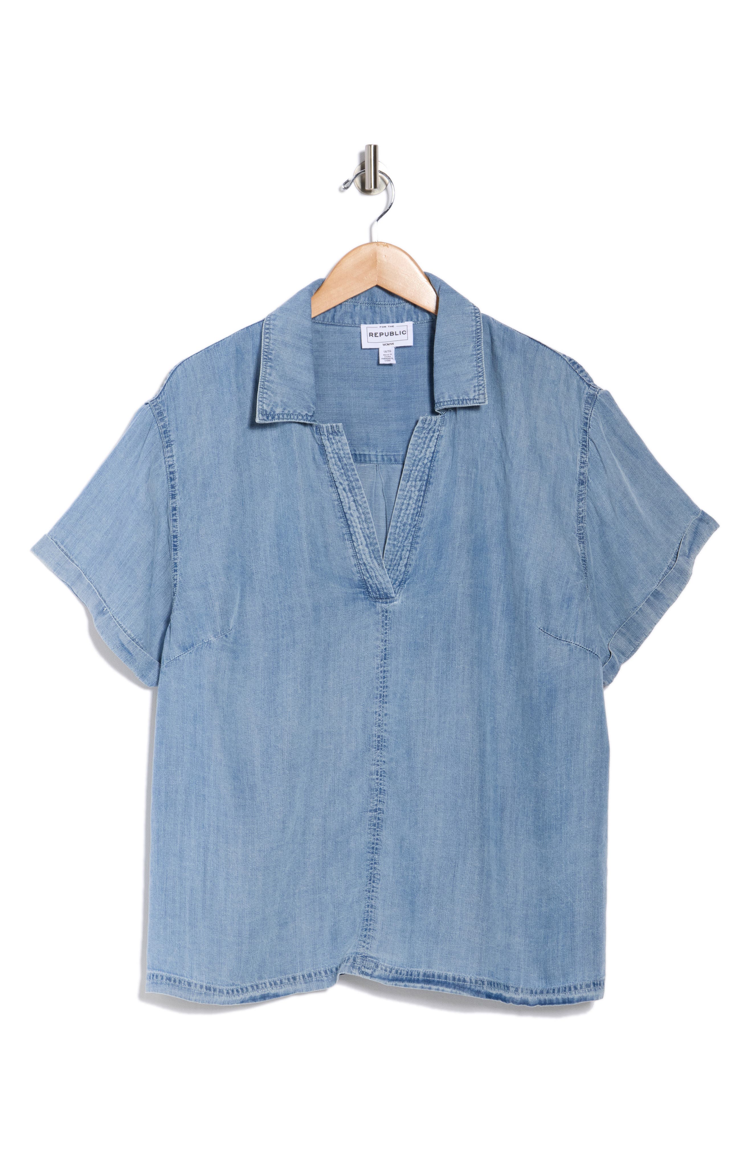 FOR THE REPUBLIC Short Sleeve Popover Denim Top