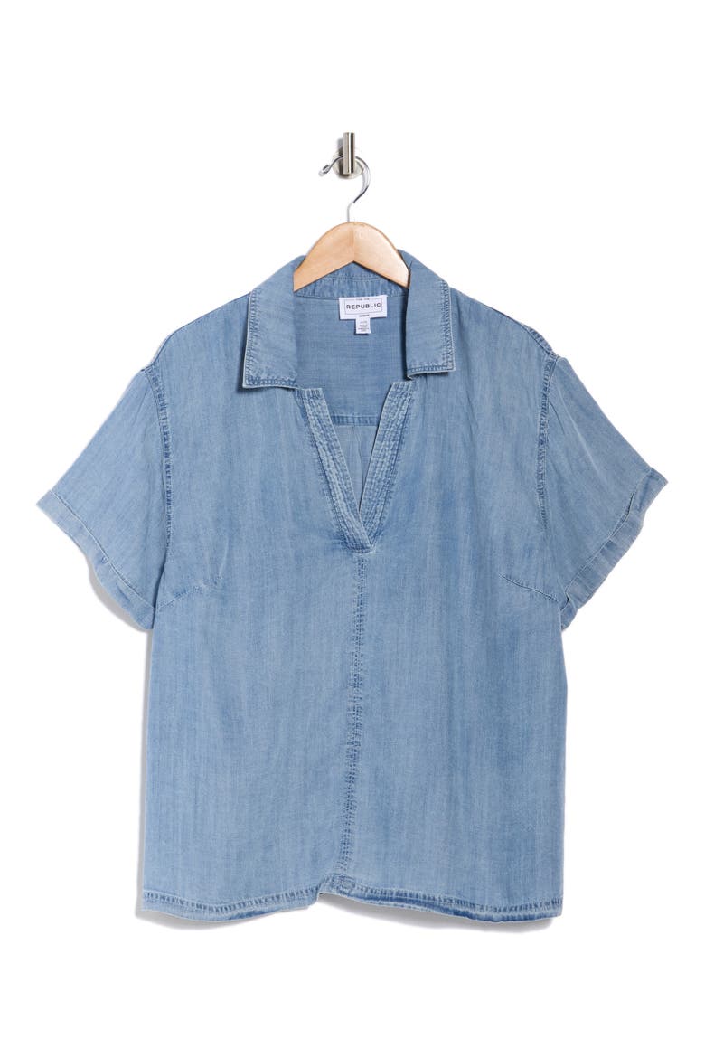 Short Sleeve Popover Denim Top, Alternate, color, MEDIUM WASH