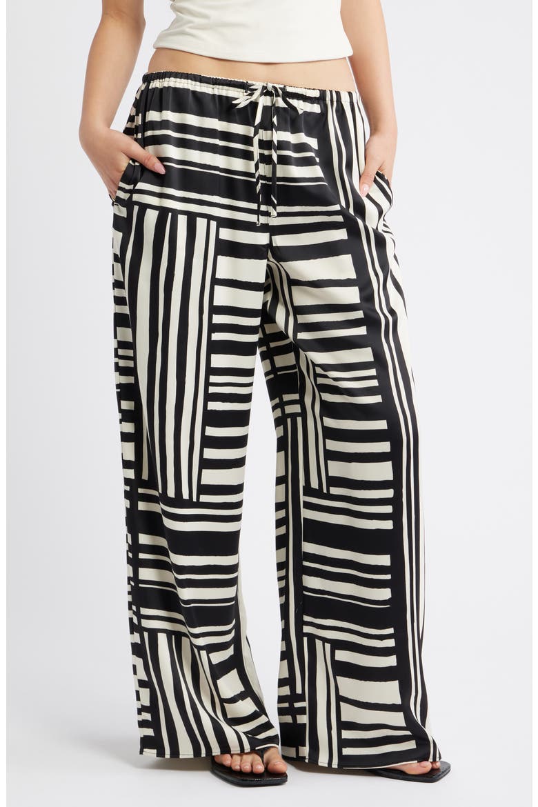 Tie Waist Wide Leg Satin Trousers, Main, color, WHITE MULTI