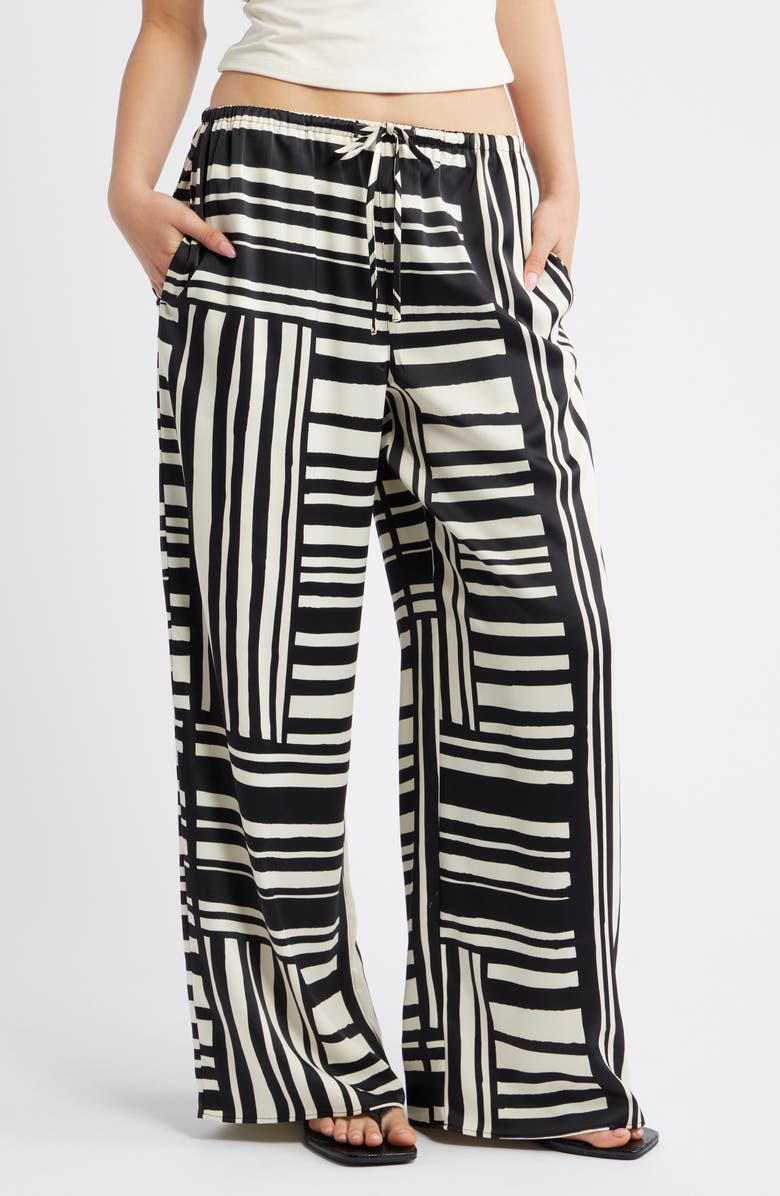 Topshop Tie Waist Wide Leg Satin Trousers, Main, color, White Multi