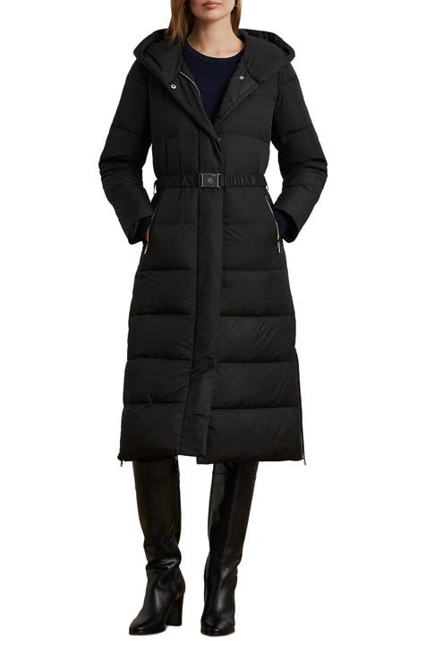 Belted down coat womens on sale