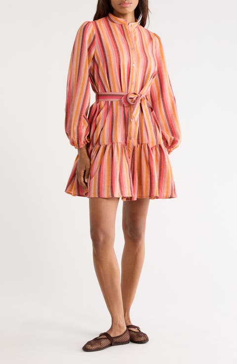 Alizze Stripe Long Sleeve Cotton & Linen Shirtdress