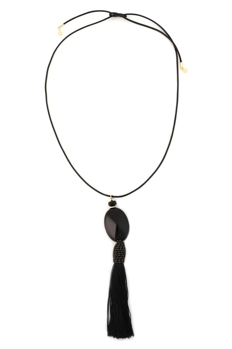 Stone Tassel Pendant Necklace, Main, color, BLACK