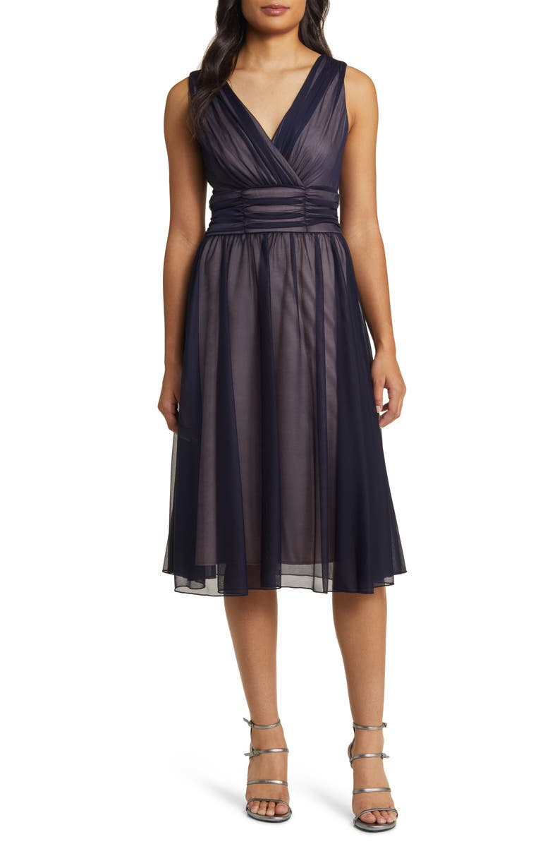 Connected Apparel Chiffon Overlay Fit & Flare Dress, Main, color, Navy/Mauve
