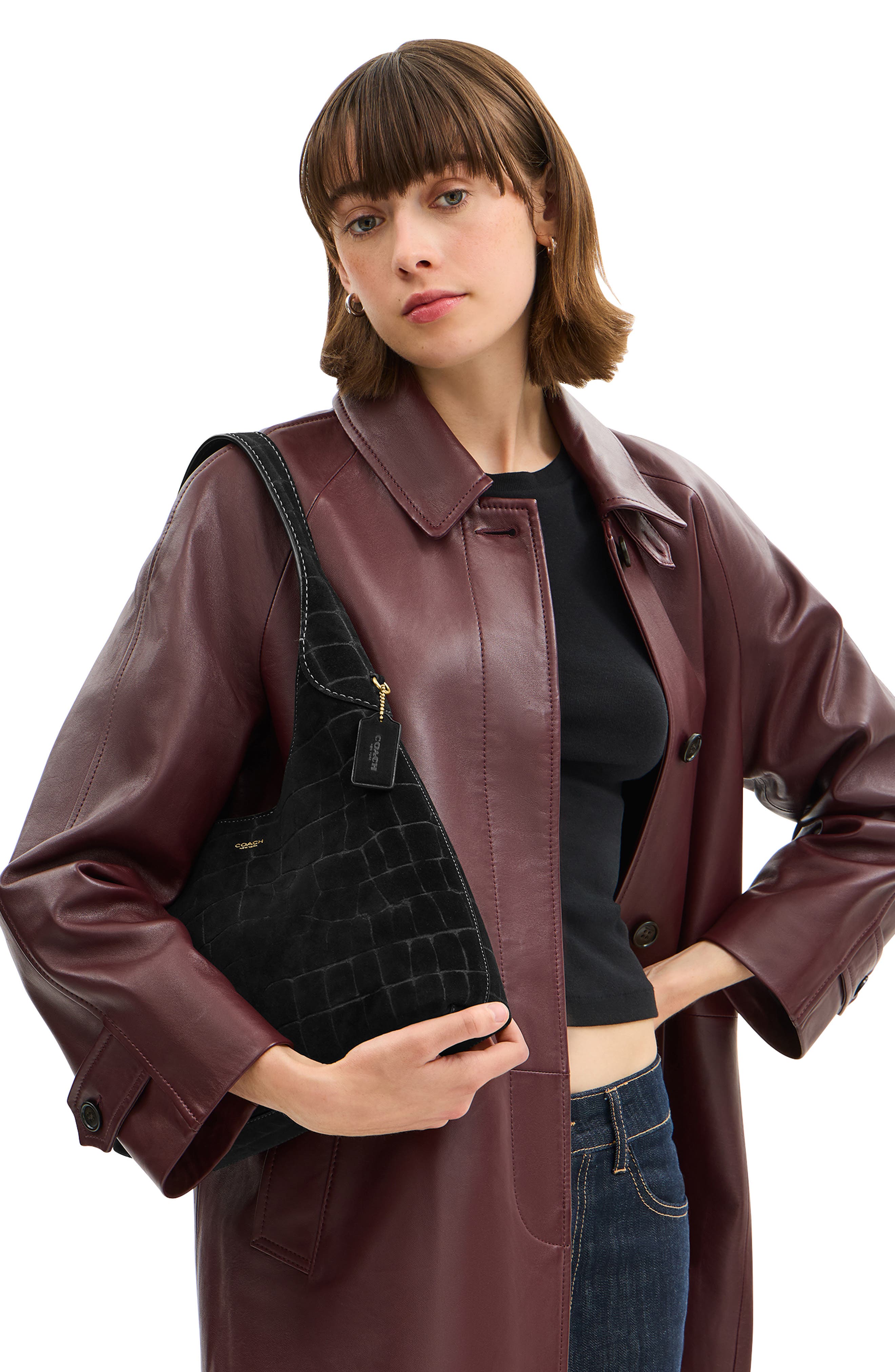 COACH Brooklyn Croc Embossed Suede Shoulder Bag, Alternate, color, 