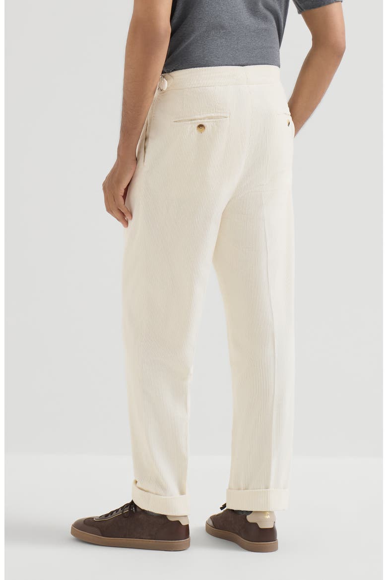 Garment-dyed trousers in cotton corduroy with reversed double pleats and waist tabs, Alternate, color, White
