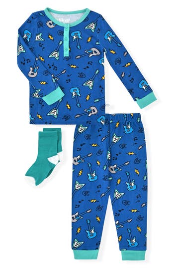 Sleep On It Kids' Guitar Fitted Two-piece Pajamas & Socks Set In Blue