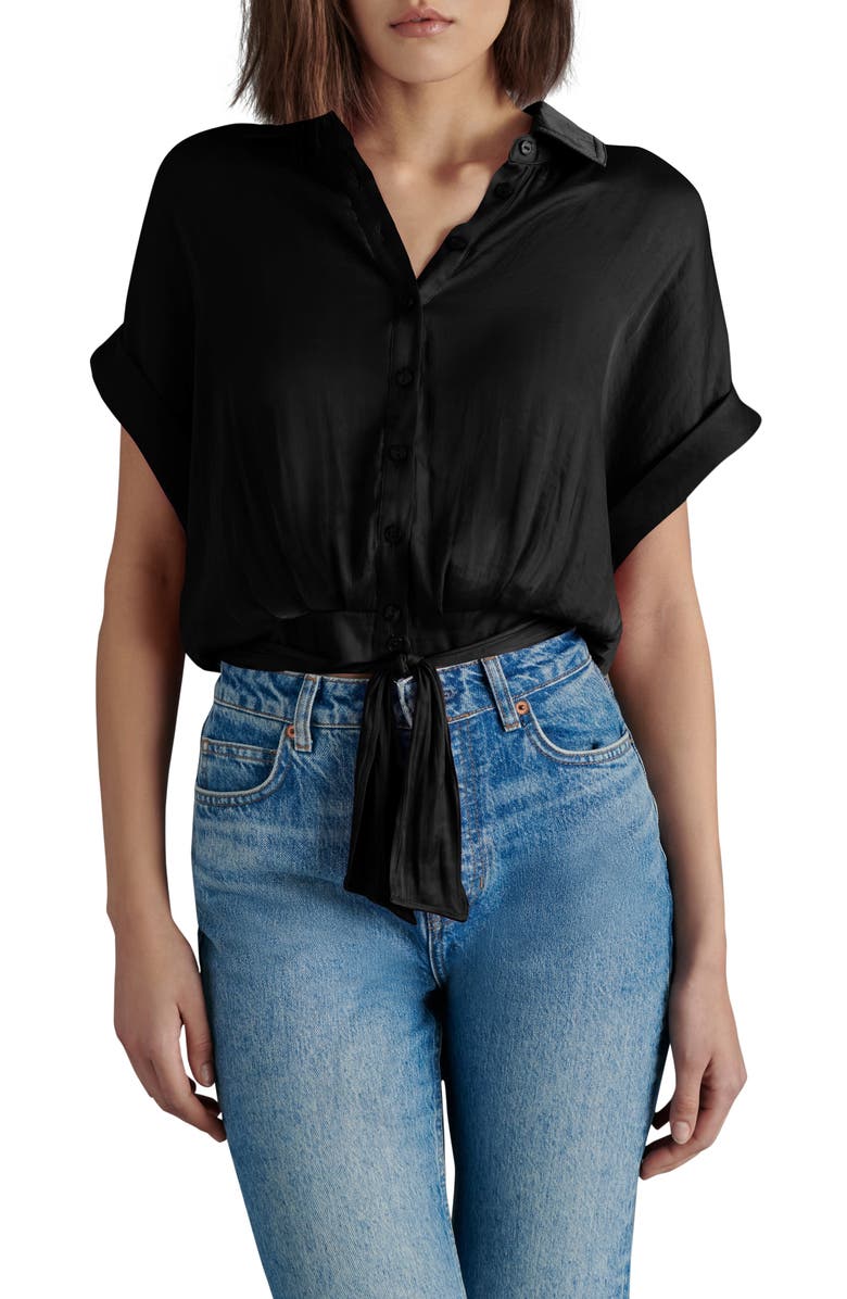 Steve Madden Tori Tie Front Button-Up Shirt, Main, color, Black Satin
