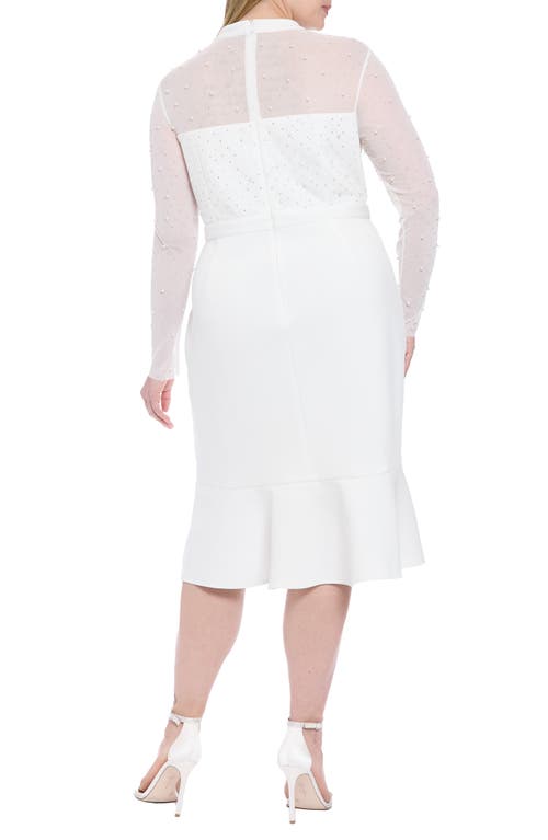 London Times Embellished Illusion Long Sleeve Midi Dress In White
