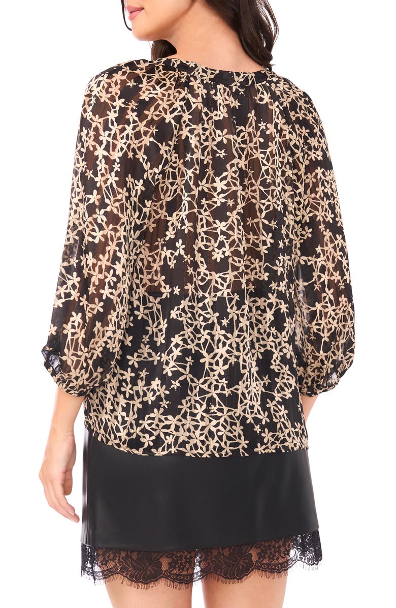 Vince Camuto Metallic Floral Print Woven Shirt, Alternate, color, Rich Black