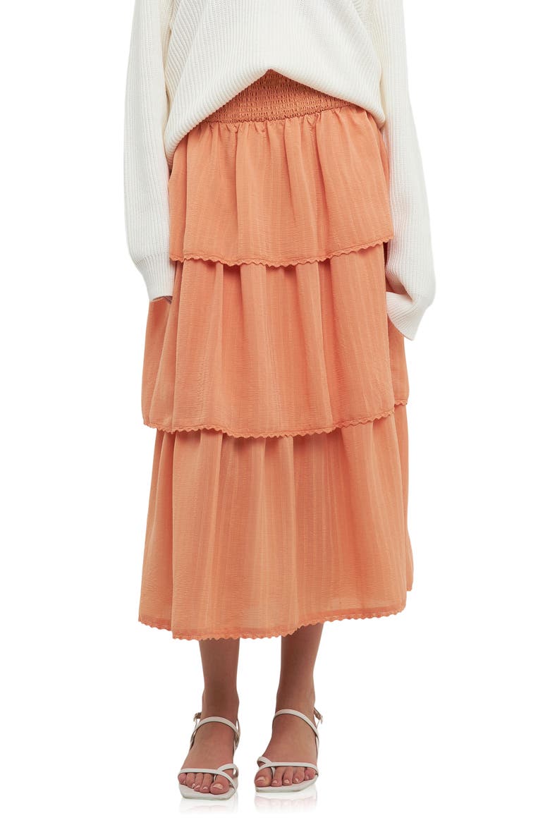Smock Waist Tiered Ruffle Skirt, Alternate, color, TANGERINE