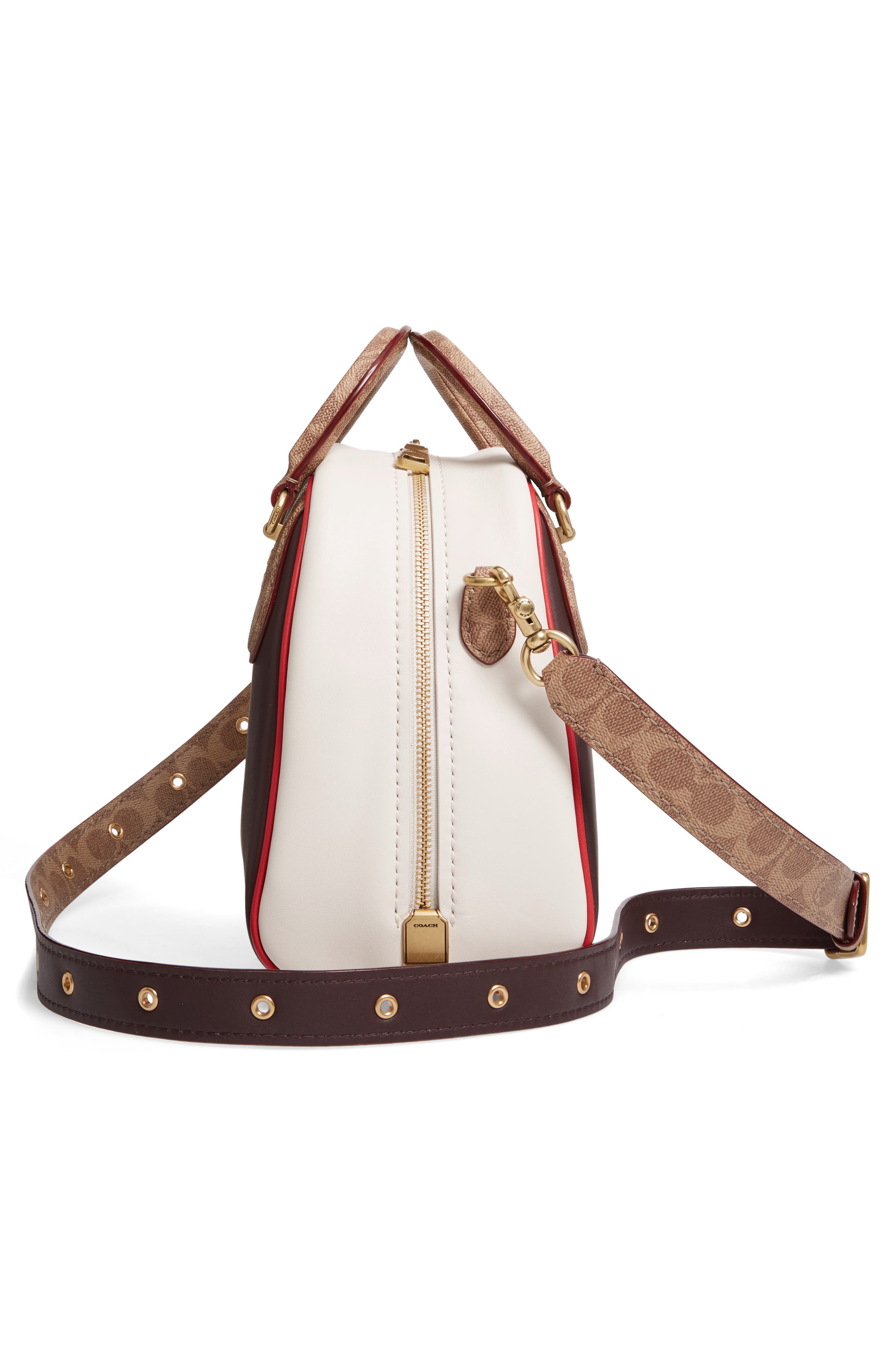 COACH Bowling Bag Leather & Signature Canvas Satchel, Alternate, color, 