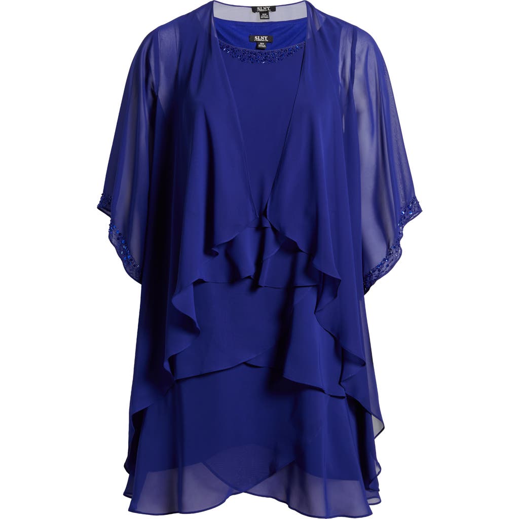 SL FASHIONS SL FASHIONS BEADED TIERED CHIFFON COCKTAIL DRESS WITH JACKET