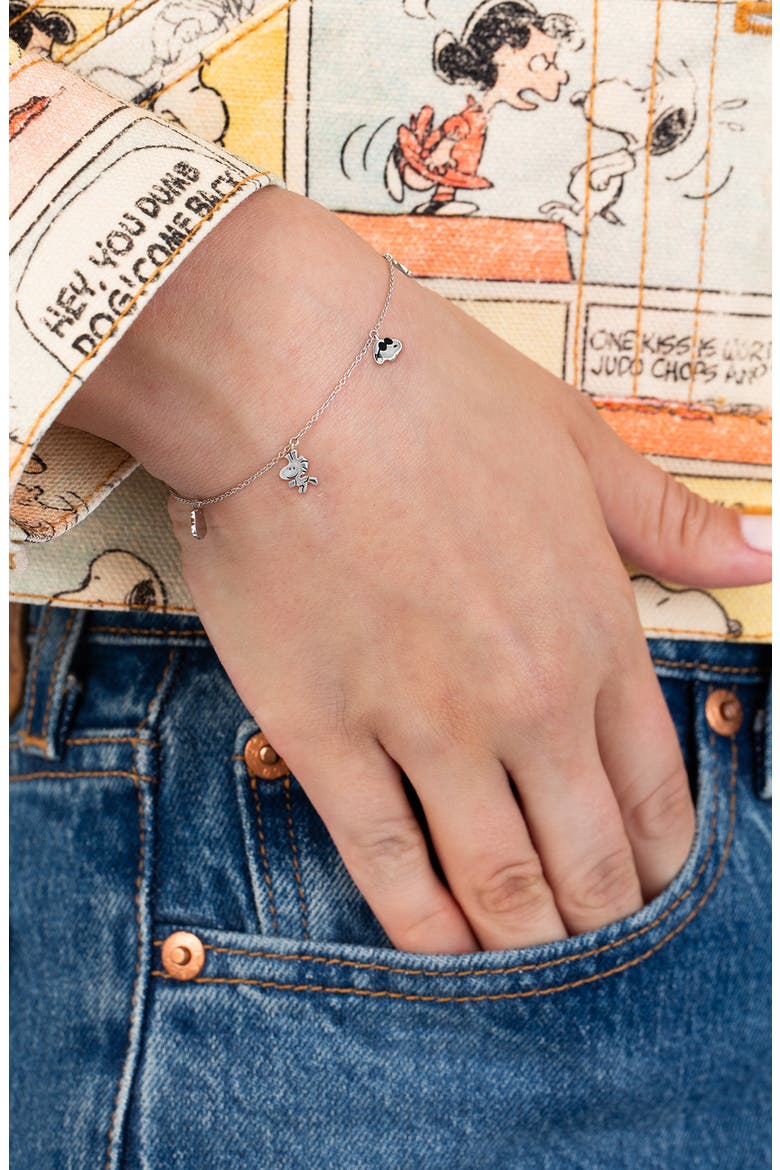 x Peanuts® Snoopy & Woodstock Charm Bracelet, Alternate, color, PURE PLATINUM / CLEAR STONE