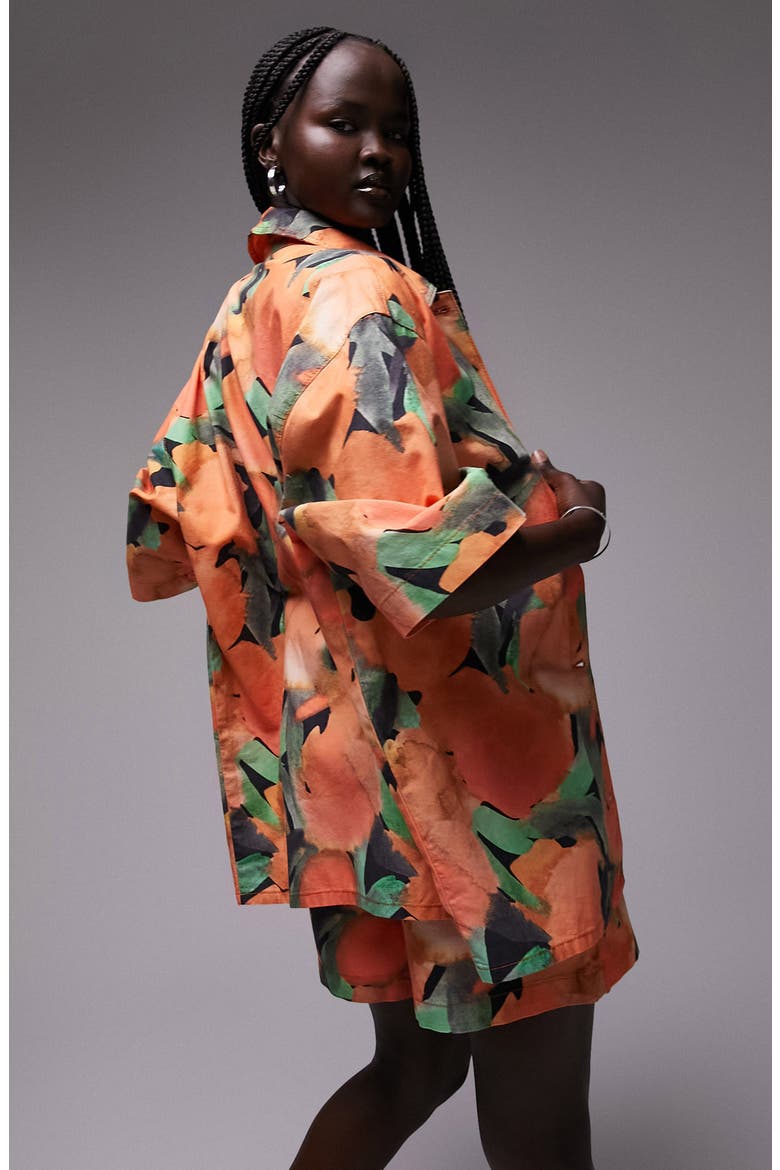 Abstract Floral Oversize Cotton Button-Up Shirt, Alternate, color, ORANGE