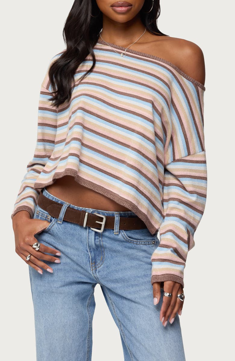 EDIKTED Alexis Stripe Off the Shoulder Long Sleeve Top, Main, color,