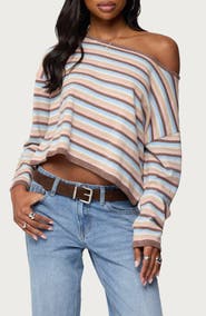 EDIKTED Alexis Stripe Off the Shoulder Long Sleeve Top