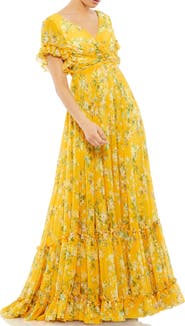 Mac Duggal Multicolor Flounce Sleeve Floral Maxi Dress