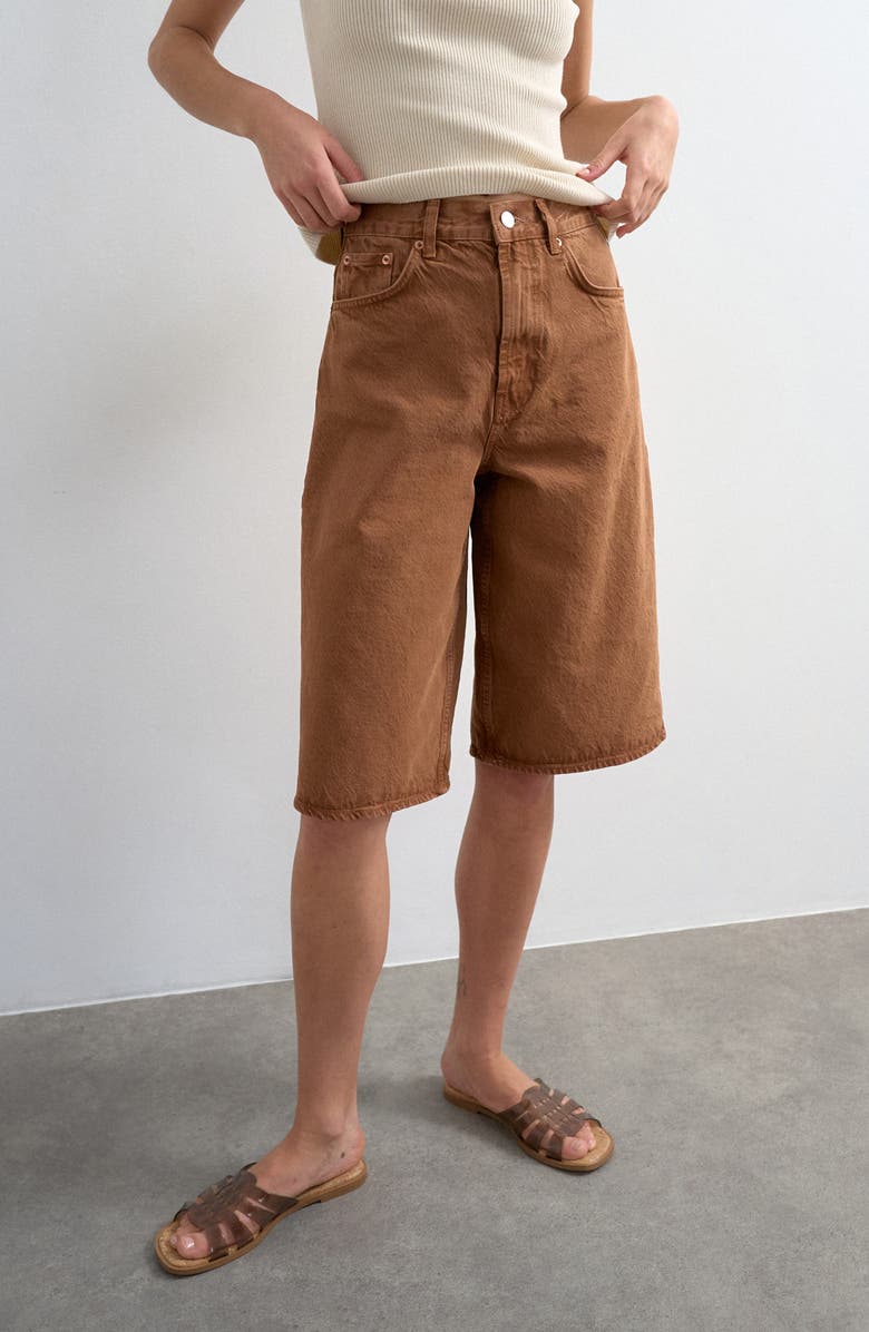 Topshop Mid Rise Denim Bermuda Shorts, Main, color, Brown