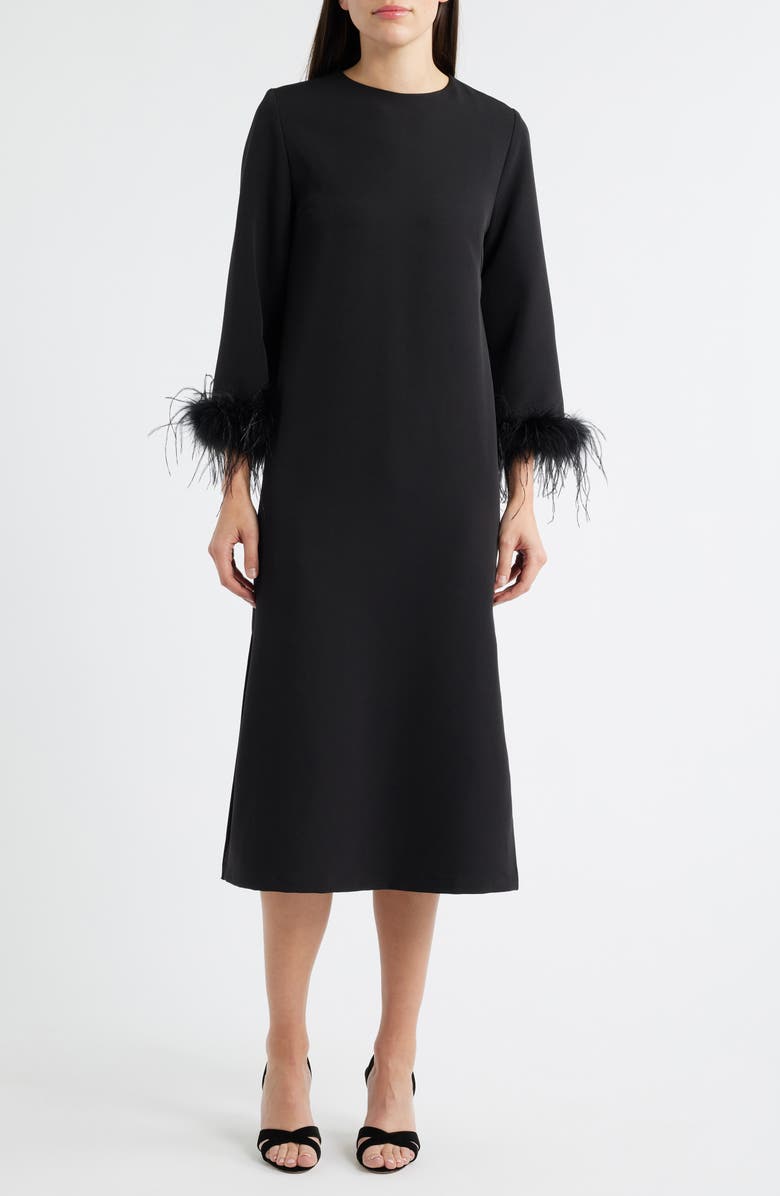Lucy Paris Mariam Feather Trim Long Sleeve Cocktail Midi Dress, Main, color, Black