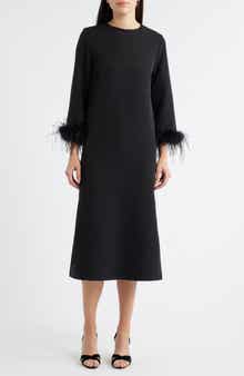 Lucy Paris Mariam Feather Trim Long Sleeve Cocktail Midi Dress
