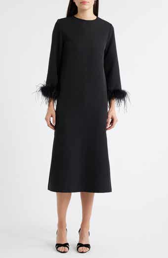 Lucy Paris Mariam Feather Trim Long Sleeve Cocktail Midi Dress