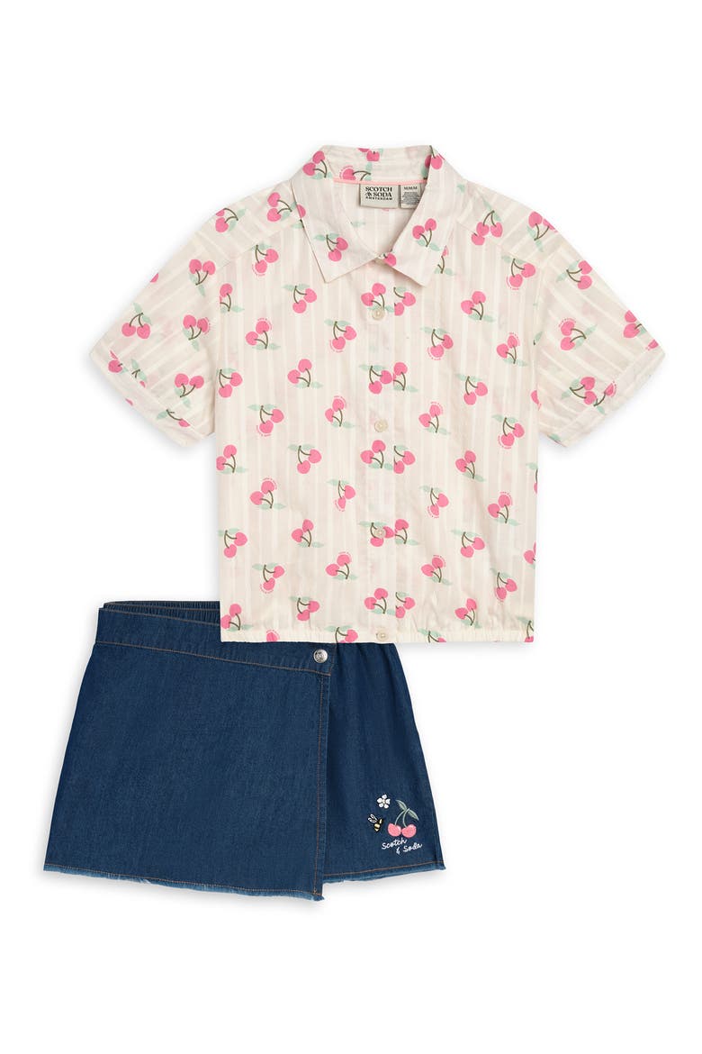 Kids' Cherry Stripe Short Sleeve Button-Up Shirt & Denim Skirt Set, Alternate, color, EGGNOG