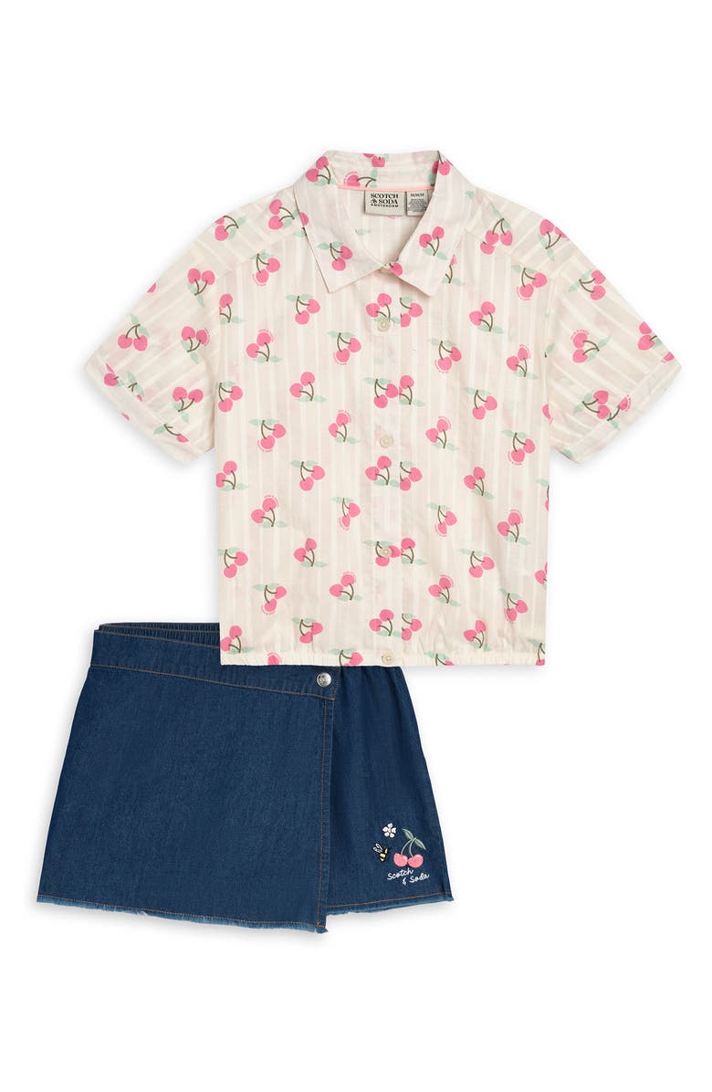 Scotch & Soda Kids' Cherry Stripe Short Sleeve Button-Up Shirt & Denim Skirt Set, Alternate, color, Eggnog