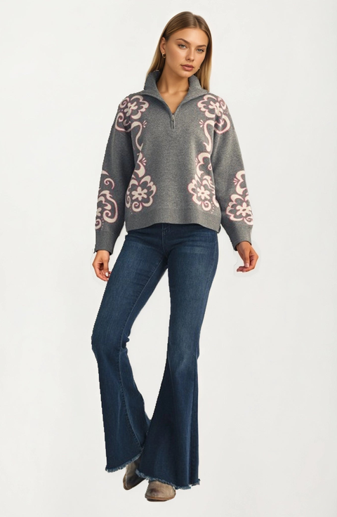 Floral Quarter Zip Sweater
