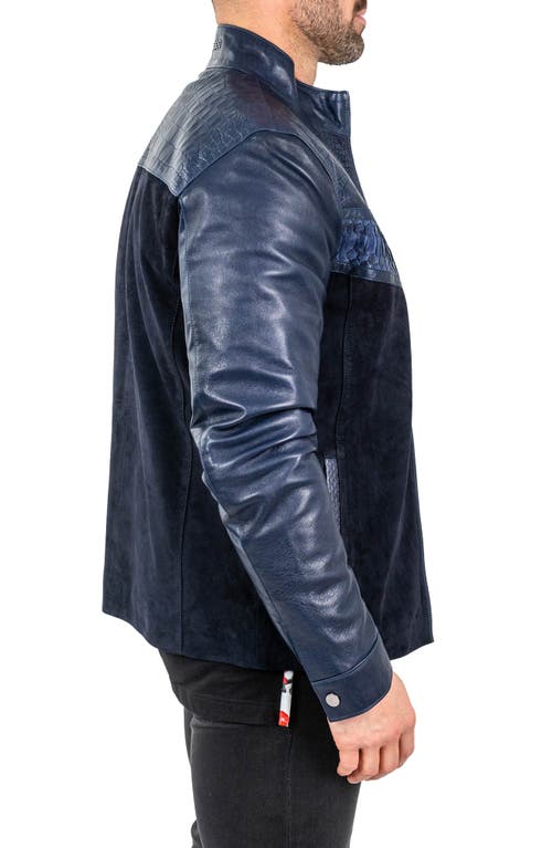 Maceoo Pythonshield Blue Snakeskin Embossed Leather Jacket In Blue