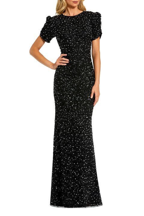 Petite Gathered Short Sleeve Beaded Gown