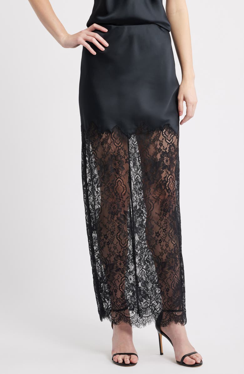 LoveShackFancy Ilene Satin & Lace Skirt, Main, color, Black