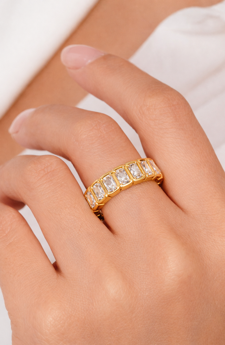 Kellery Rectangular Cubic Zirconia Eternity Ring in Stainless Steel, Alternate, color, Gold