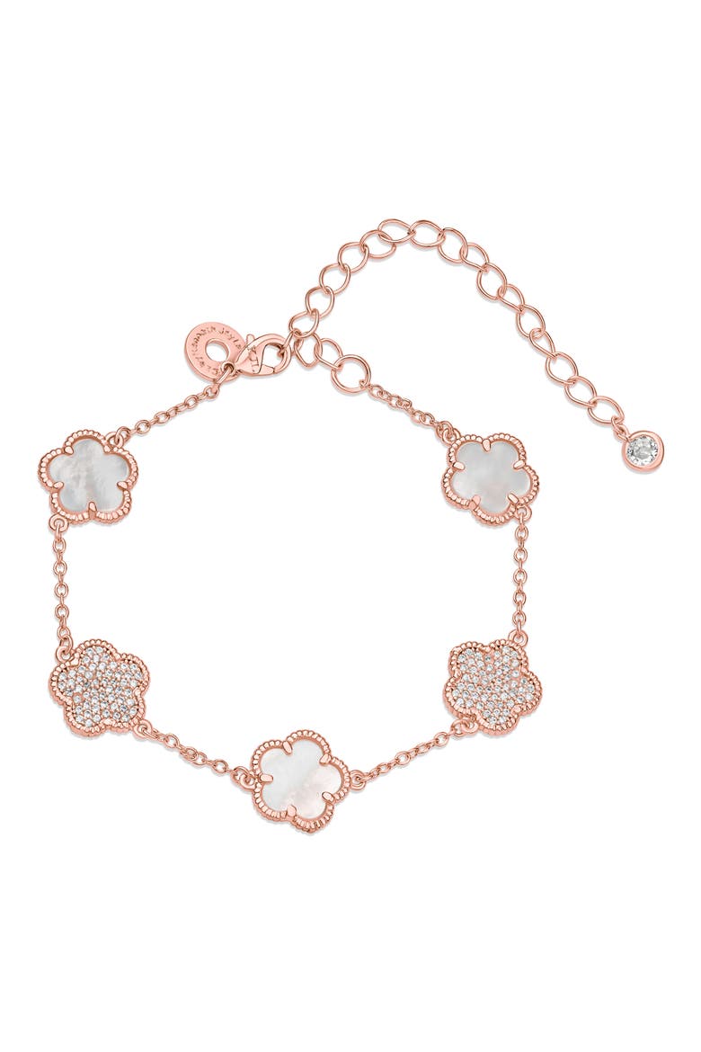 Pavé Cubic Zirconia & Mother-of-Pearl Clover Station Bracelet, Main, color, MOP/ CLEAR ROSE GOLD