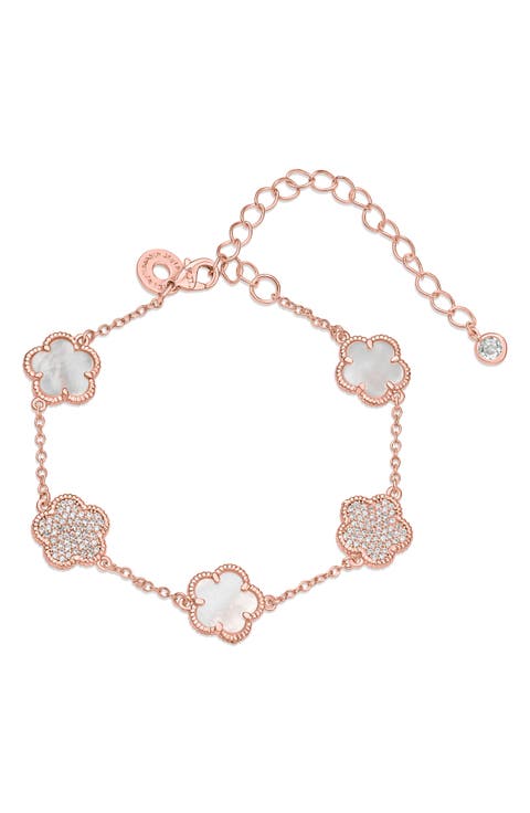 Pavé Cubic Zirconia & Mother-of-Pearl Clover Station Bracelet