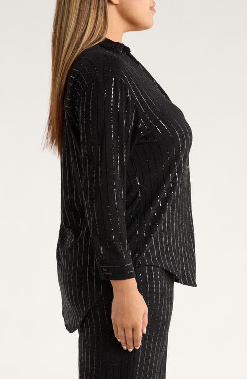 Anne Klein Plus Size Sequin Pinstripe Drop-shoulder Tunic Shirt In Black