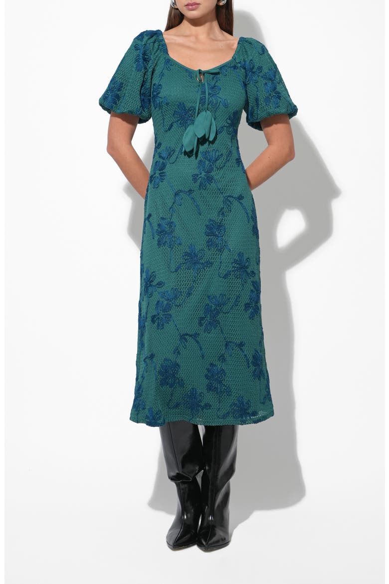 Anora Floral Embroidered Puff Sleeve Knit Midi Dress, Alternate, color, EMERALD GREEN