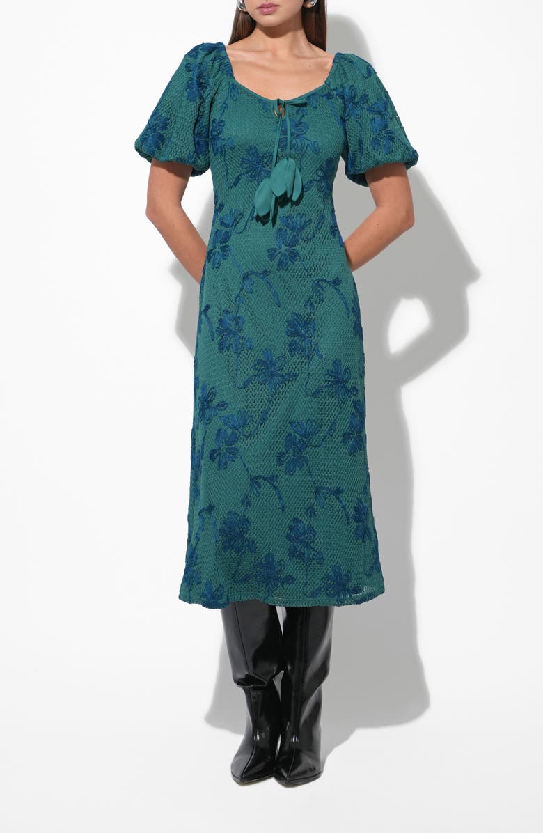 Adelyn Rae Anora Floral Embroidered Puff Sleeve Knit Midi Dress, Alternate, color, Emerald Green