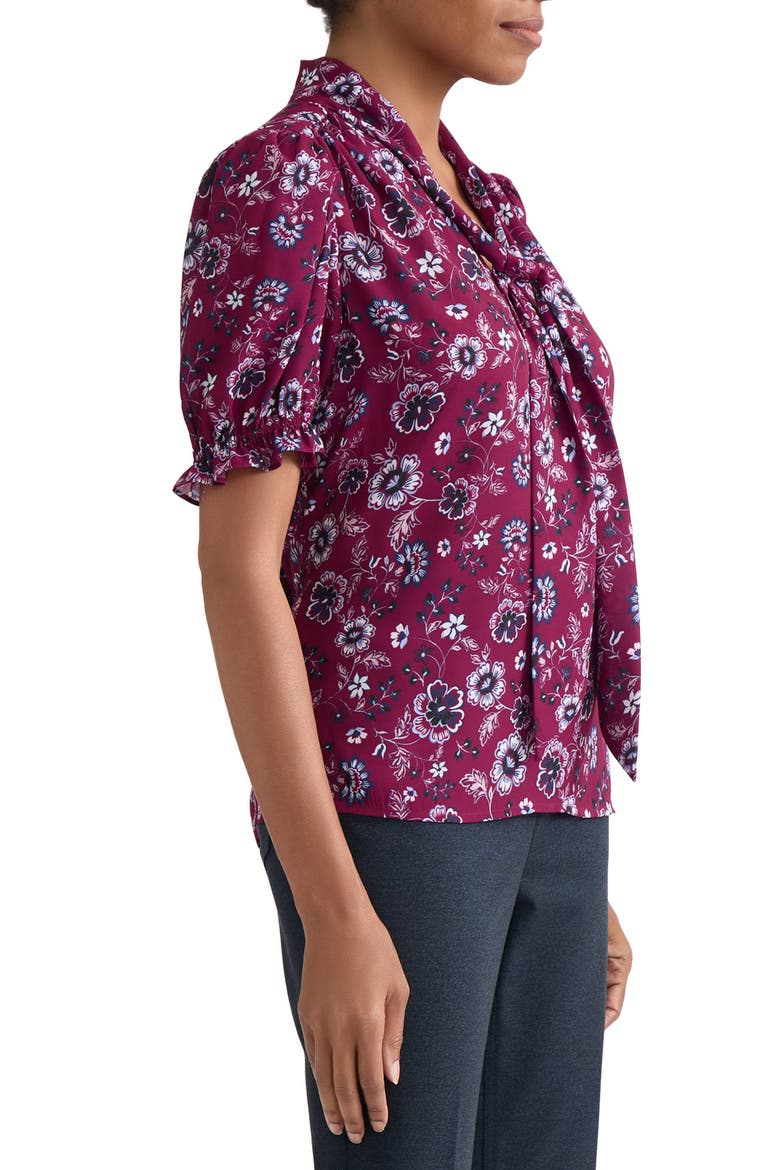 Tie Neck Puffed Sleeve Top, Alternate, color, RED BERRY MULTI
