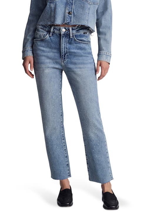 New York Rhinestone Chew Hem Ankle Straight Leg Jeans (Shiny Mid Denim)