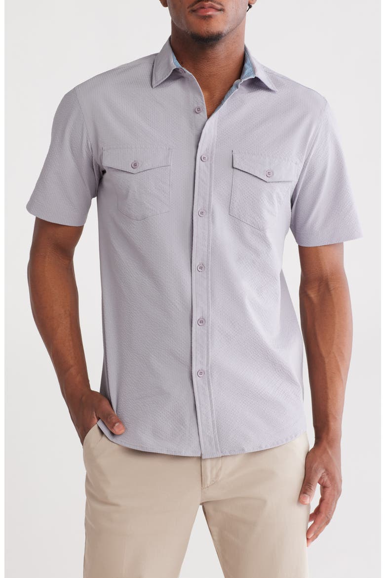 Hybrid Seersucker Short Sleeve Button-Down Shirt, Main, color, SILVER GREY