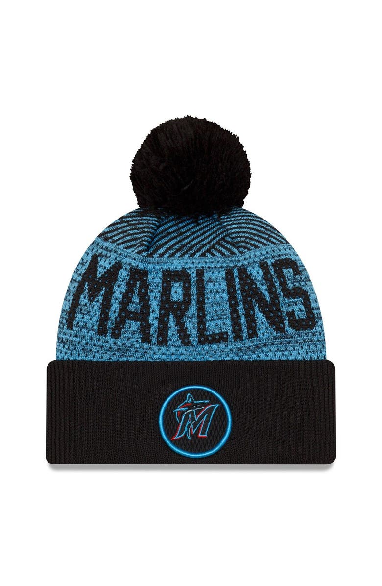 New Era Men's New Era Black Miami Marlins Authentic Collection Sport Cuffed Knit Hat with Pom, Main, color, 