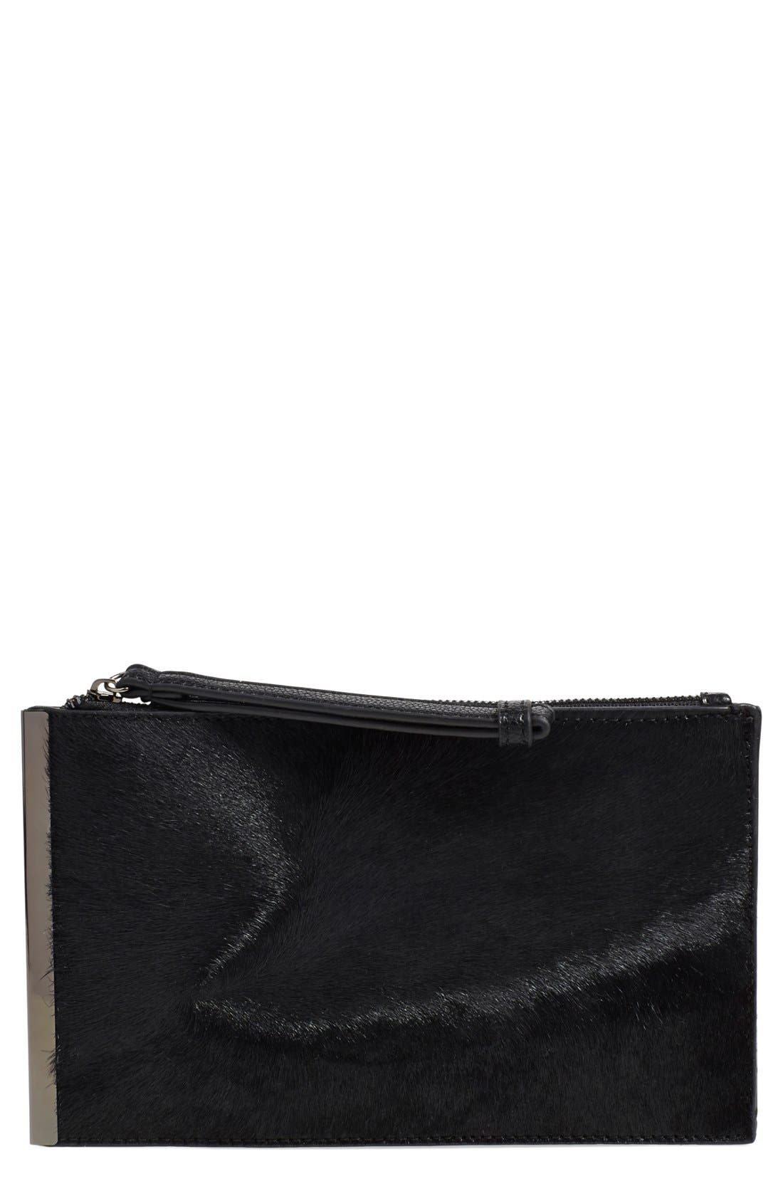 Genuine Calf Hair Clutch, Main, color, BLACK