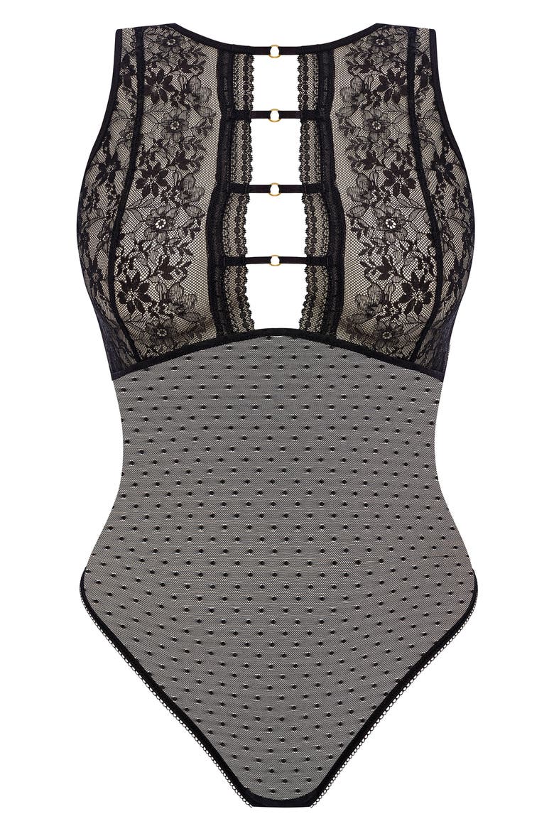 Sydnie Lace Thong Bodysuit, Alternate, color, BLACK