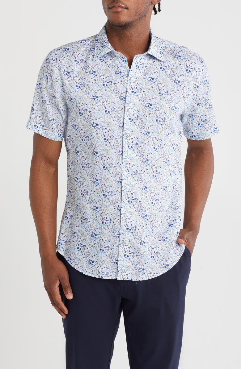 David Donahue Floral Print Short Sleeve Sport Shirt, Main, color, Dune/ Blue