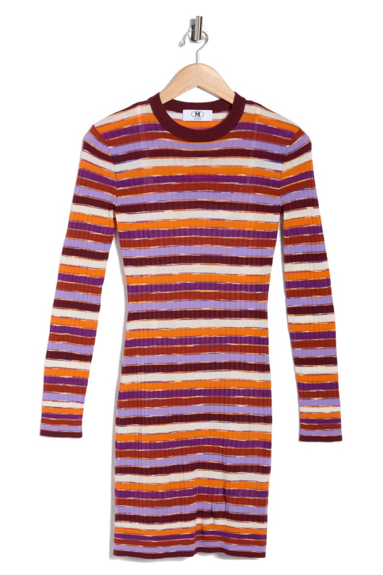 Stripe Long Sleeve Rib Knit Minidress, Alternate, color, ORANGE/ PINK/ BROWN/ WHITE