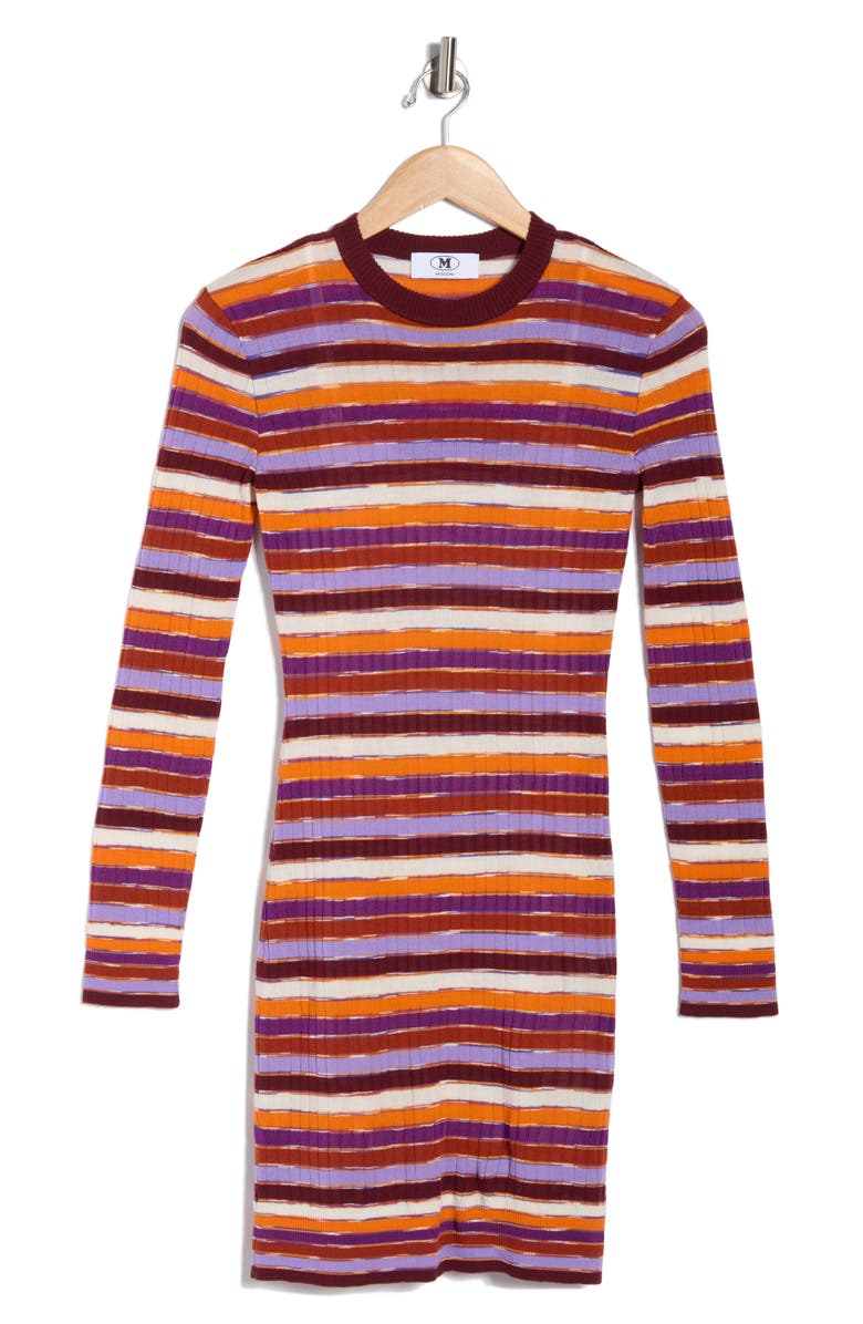 M Missoni Stripe Long Sleeve Rib Knit Minidress, Main, color, Orange/ Pink/ Brown/ White