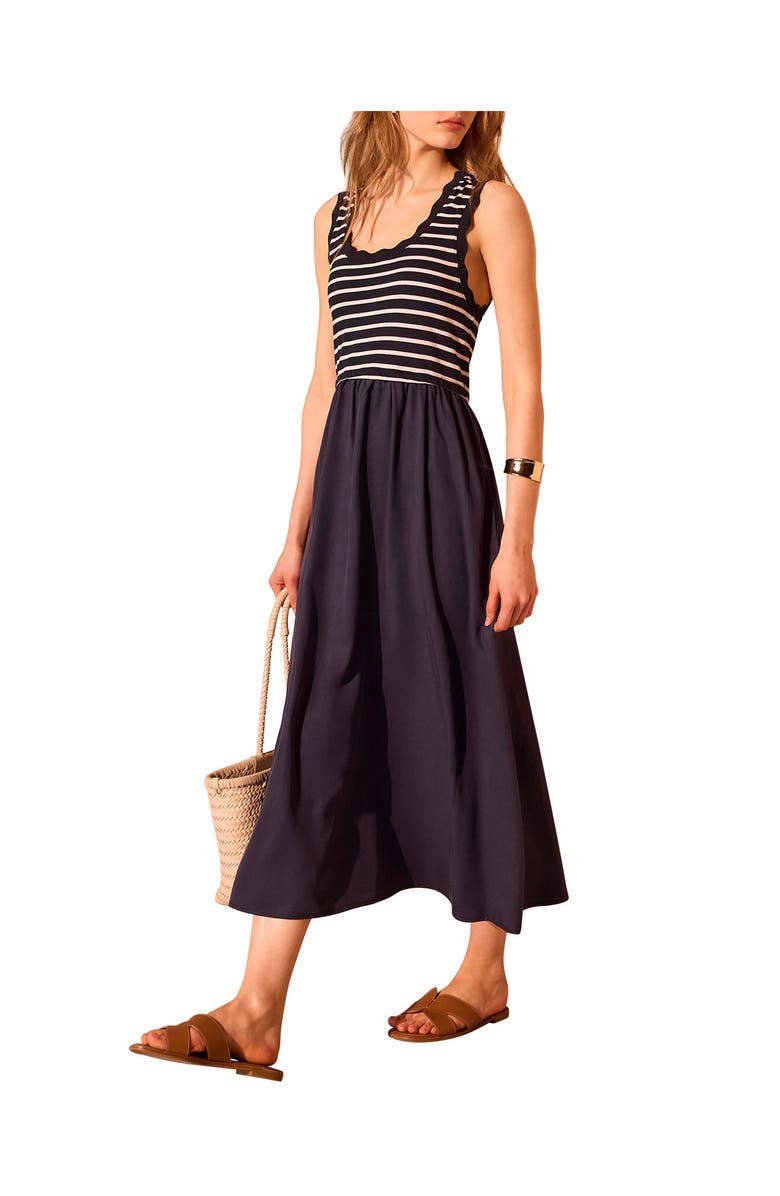 MINT VELVET Striped Scallop Trim Midi Dress, Main, color, Navy