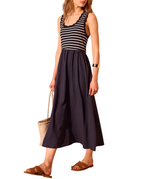 Striped Scallop Trim Midi Dress