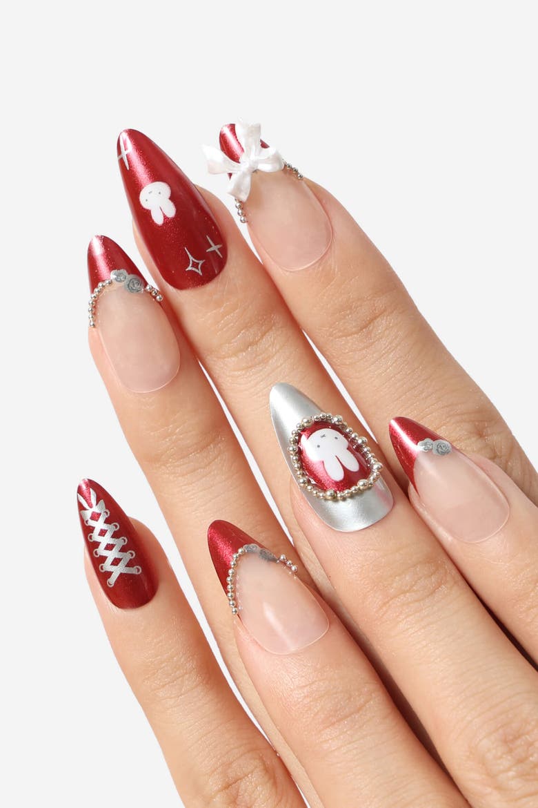 Miffy Burgundy Almond Press On Nails Cute Character Nail Art, Alternate, color, Red